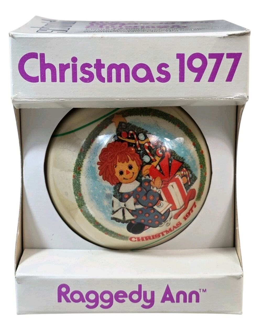 1977 Raggedy Ann Schmid Christmas Ornament in Box - Box & Ornament Show Age.